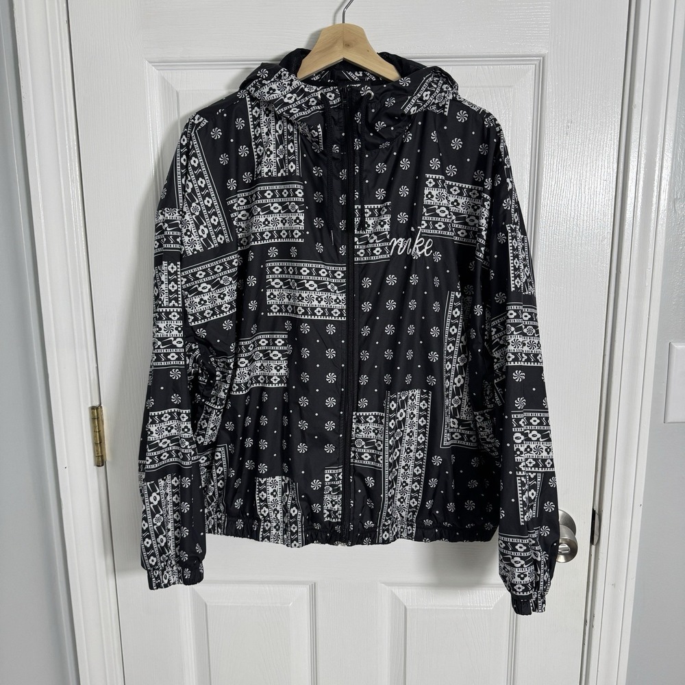 Nike Mens L Windbreaker Jacket Black White AOP Hooded Full Zip Lightweight